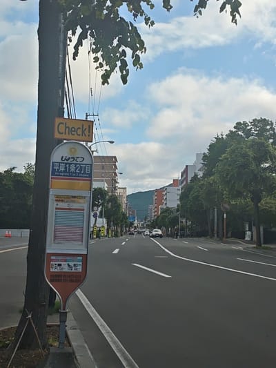 The image depicts a street scene in Sapporo, Japan, likely in a residential or mixed-use area. A bus stop is prominently featured on the left side of the frame, attached to a utility pole. The bus stop sign displays information in Japanese, including "じょうてつ" (Jōtetsu, likely the bus company name) and "平岸1条2丁目" (Hiragishi 1 Jō 2 Chōme, the bus stop name). Below this are the English transliteration "Hiragishi 1 Jo 2 chome" and a schedule or route map with multiple columns of information. A smaller orange sign below the schedule contains diagrams and phone numbers, including "011-573-9191" and "011-500-3321". A yellow sign with the word "Check!" in English is affixed to the utility pole above the bus stop.
The street itself is paved with asphalt and marked with white lane dividers. Several cars are visible on the road, driving in the distance. On the right side of the street, there are trees and multi-story buildings, typical of an urban environment. The sky is partly cloudy with a mix of blue sky and white clouds. The overall impression is that of a typical urban street on a clear day.