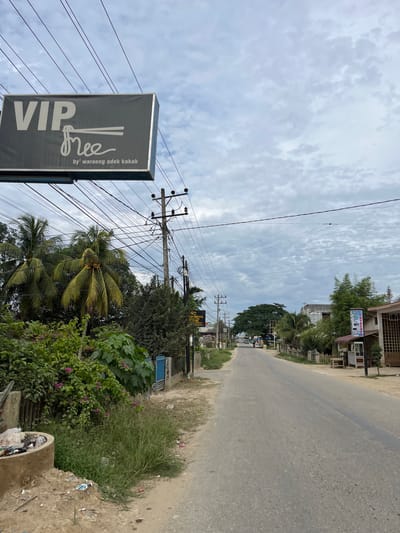The image shows a street scene in Landuh, Indonesia, under a cloudy sky. In the foreground, a gray sign with white text reads "VIP free by' waroeng adek kakak". To the left of the sign, a large bush with pink flowers and palm trees are visible, along with a concrete trash receptacle overflowing with garbage. Overhead, a complex network of power lines crisscrosses the sky. The street, paved with asphalt, extends into the distance, lined with trees, buildings, and more power lines. A few vehicles, including a motorcycle, are seen on the road. A small kiosk with a sign that says "YOUNG FOODCORP" is present on the right side of the street. The overall impression is that of a semi-urban environment with a mix of vegetation and infrastructure.