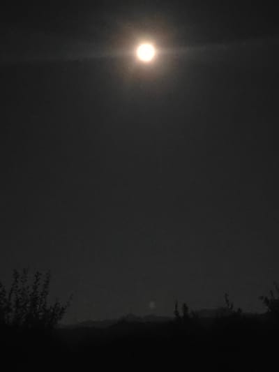 A full moon illuminates a dark sky above a silhouetted landscape of trees and rolling hills. The moon is a bright, glowing orb, slightly hazy with a soft halo, positioned in the upper center of the frame. A faint, horizontal wispy cloud stretches across the sky to the left of the moon. The lower portion of the image is dominated by the dark silhouettes of foliage and hills, suggesting a rural or natural setting. The overall mood is serene and nocturnal. The location is Shipkovo, Bulgaria.