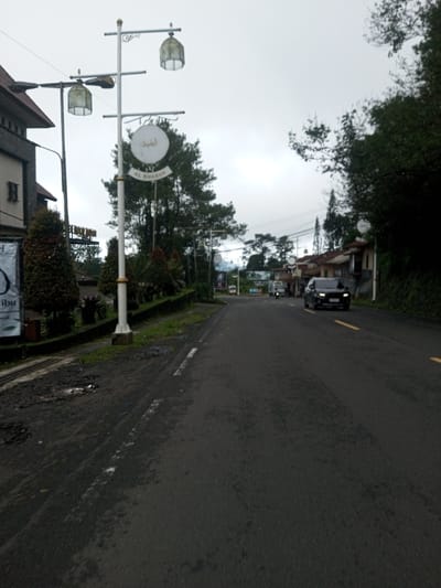 The image depicts an urban street scene in the city of Deothang, Bhutan, under an overcast sky. The foreground features a dark asphalt road, appearing damp in areas, with a dashed white line marking its left edge and double yellow lines visible further right, delineating a lane. On the left, a white street light pole with gold accents stands prominent, supporting two caged, lantern-style light fixtures and a circular white sign bearing Arabic script "الخبير" above "AL KHABIR" in English. Behind this pole, a low, dark-colored planter or wall containing green shrubs and small trees runs parallel to the road. Further left, a multi-story building with a dark facade and brown roof is partially visible, with a white banner showing partial text, including "ibu," hanging in front.
Towards the middle ground and distance, the road curves gently to the right. A dark-colored SUV, possibly black, with its headlights illuminated, is traveling away from the viewer on the right side of the road. Further in the distance, a white van and a motorcycle are also visible on the road. The right side of the street features a rising slope covered with dense green foliage, interspersed with various residential or commercial buildings, some equipped with satellite dishes. Large evergreen trees are scattered throughout the scene on both sides of the road, contributing to a lush environment. No individuals are distinctly visible. The overall lighting suggests an overcast day.