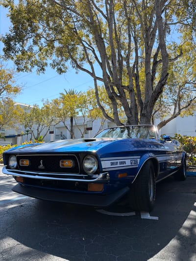 This image depicts a blue 1971-1973 Ford Mustang Shelby Europa GT350 convertible parked in Naples, Florida, United States of America. The vehicle is presented from a low, front-left perspective, showcasing its blue paint with white "SHELBY EUROPA GT350" side stripes and black hood stripes. Distinct features include a chrome front bumper, dual circular headlights, two amber rectangular lights within the black honeycomb grille featuring a cobra emblem, and a black front air dam. The convertible top is down. The car is situated on cracked asphalt pavement with visible white parking lines, its front tire a BFGoodrich Radial T/A. The background consists of a large deciduous tree with yellow-green foliage and multiple trunks, flanked by smaller trees and a distant palm tree. White multi-story stucco buildings with balconies are discernible behind the vegetation. The scene is under a clear blue sky, brightly illuminated by direct sunlight, which creates strong shadows on the ground and a glare on the vehicle's interior. No individuals are visible.
