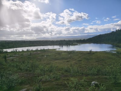 The image depicts a serene natural landscape with a body of water reflecting the sky. In the foreground, a grassy and shrub-covered terrain stretches towards the water. The midground features a calm lake bordered by a dense forest of evergreen trees, which climbs up a hillside on the right side of the image. The background reveals a range of distant, hazy mountains under a partially cloudy sky. The sky itself is a mix of blue and white clouds, with sunlight breaking through in some areas, casting beams onto the landscape. The overall impression is one of a vast, undisturbed wilderness. The location is identified as being in the city of Nyby, Norway.