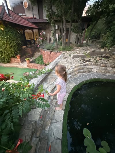 A young girl with long blonde hair, wearing a pink and white patterned top and pink pants, is playing on a stone-tiled pathway next to a dark pond. The pathway is constructed from large, irregular grey stones, with some red stone accents. Green artificial grass borders the pond and the pathway. Lush green foliage and red flowers are visible in the foreground. In the background, trees and buildings are partially obscured by the greenery. A red-tiled roof is prominent on a building to the left. The scene appears to be an outdoor garden or courtyard. The lighting suggests it is either dusk or a very shaded area, with artificial lights potentially illuminating the pond. The girl's posture and the relaxed environment suggest a casual play or exploration. There is no visible text in the image. The location context is Myskhako, Russia.