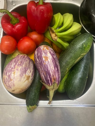 A stainless steel kitchen sink, located in Capesterre-Belle-Eau, France, contains a collection of unwashed produce. The arrangement includes two red bell peppers with green stems, three red tomatoes, and a bunch of green, unripe bananas. Centrally positioned are two oblong eggplants, displaying purple and white striations with scattered brown blemishes. At least four dark green, speckled zucchinis or large cucumbers are visible, alongside indistinct yellowish produce partially obscured beneath the main items. Water droplets are present on the stainless steel surface of the sink.