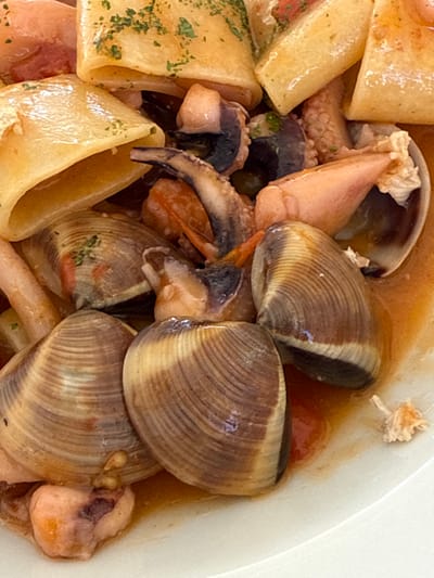 The image displays a close-up, high-angle view of a prepared meal served on a white, possibly ceramic, plate. The primary subjects are large, tubular pasta pieces, likely Paccheri or Rigatoni, coated in a reddish-orange, tomato-based sauce and garnished with finely chopped green herbs, consistent with parsley.

Interspersed among the pasta and within the sauce are various seafood components. Prominently featured are multiple intact clam shells, characterized by their brownish-beige color and distinct concentric growth rings. Darker, purplish-brown pieces of octopus or squid tentacles, some exhibiting visible suckers, are also present. Additionally, lighter pinkish-orange fragments of other seafood, possibly shrimp or mollusk meat, are visible. The entire dish appears moist and saucy.

No individuals are depicted. The immediate environment is limited to the white plate containing the food. The image provides no visual cues, such as signage, architectural features, or unique ambient details, to precisely identify a specific location within the city of Nardò, Italy; it is solely a close-up of a plated meal.