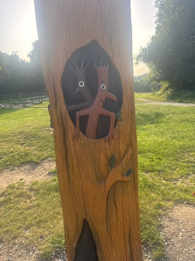 The image shows a carved wooden post with a depiction of two stick figures in a yin and yang formation. The stick figures are brown and have white eyes. They are carved into the wood, and one is positioned within a dark, rounded recess, while the other is more prominently featured on the surface of the wood. There are also carved green leaves and a branch detail on the post.

The post appears to be outdoors, with a background of green grass and trees, suggesting a park or natural setting. Sunlight is casting a warm glow on the scene, and the sky appears bright, indicating it is daytime, likely late afternoon or early evening due to the warm light and the slight haze in the sky.

The scene is static, with no discernible activity taking place beyond the static carved figures. There is no visible text in the image. The setting appears peaceful and rustic. The context provided places this scene in Brentwood, United Kingdom.