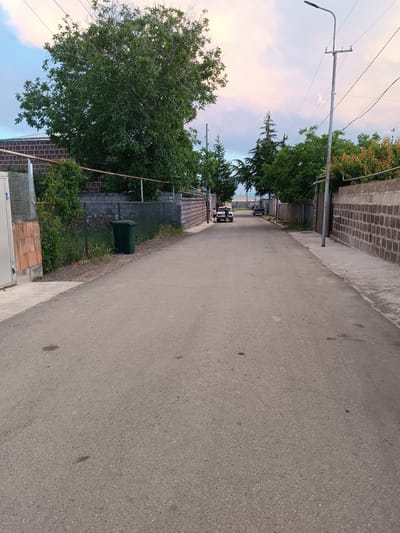 This image captures a quiet street scene in Talin, Armenia, during what appears to be late afternoon or early evening, given the soft lighting and pastel hues in the sky. The sky is a mix of soft blues, pinks, and whites, suggesting fair weather with a hint of sunset.
The scene is a paved road lined with residential properties. On the left side, a brick building with a wire mesh fence in front is visible, adjacent to a large, leafy green tree. Further down the street, a green trash bin sits near a fence. The right side of the road features a long wall constructed of dark, rough-hewn stones. A modern street lamp stands tall on this side, with overhead wires crisscrossing the sky.
In the distance, two cars are parked on the road, and two people are standing near one of them. The overall atmosphere is peaceful and somewhat rural, with a sense of everyday life unfolding in a quiet community. The architecture, particularly the stone wall, and the presence of trees common in the region, contribute to the specific location context of Talin, Armenia. No visible text is present in the image.