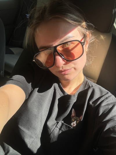In Villard-Saint-Sauveur, France, a young woman with light brown hair is taking a selfie inside a vehicle. She is wearing large, dark-rimmed sunglasses with orange lenses and a dark gray t-shirt that has a printed image of a cat peeking out of the breast pocket. The sun is shining brightly, casting strong shadows across her face and clothing, and illuminating the interior of the car. The background shows dark seats and a hint of a light-colored seatbelt clip.
