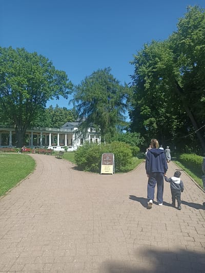 The image depicts a sunny day in the Ostafievo State Literary Museum-Reserve in Russia. A paved pathway, constructed with interlocking brick pavers, curves through a park-like setting. To the left, a well-maintained lawn is bordered by mature trees and a white, colonnaded building with a dark roof. Several park benches are visible on the lawn. A white A-frame sign with text in a light brown font stands on the right side of the pathway.
In the foreground, a woman wearing a dark blue tracksuit walks away from the camera, holding the hand of a young child dressed in a dark grey hooded jacket and black pants. The child is also walking away from the camera. Other individuals are seen walking further down the path in the distance. Lush green trees and bushes dominate the background, creating a serene natural environment. The sky is clear and blue.
