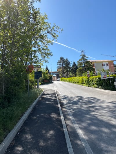 The image presents a sunlit street scene in Camerino, Italy, featuring a paved road or pathway bordered by lush greenery. The road surface is dark asphalt with a distinct white solid line marking a lane or edge, and a concrete curb separating it from the adjacent natural elements. Long, dappled shadows from trees are cast across the pavement, indicating bright sunlight.

Along the right side of the road, a dense hedge and various trees, both coniferous and deciduous with vibrant green leaves, create a natural barrier. Behind this foliage, a two-story building with a light yellow and white facade and brown window frames is visible. Above the building, a large construction crane extends into the sky.

Several road signs provide location cues and traffic information. A prominent circular white sign with a red border displays "30," indicating a speed limit of 30 km/h. Nearby, a blue rectangular sign with white text and symbols points to "centro" (center) and features a parking "P" symbol. Below this, a red circular sign with a white horizontal bar and a left-turn arrow signifies a "no left turn" restriction. Another sign further down the road partially reveals "P.LE INFORMATICO," likely indicating a piazza. A red, possibly "stop" or "no entry," sign is partly obscured by a tree on the left.

The sky is a clear, bright blue, traversed by a long, thin white contrail left by an airplane. The strong illumination and sharp shadows suggest the time of day is late morning or early afternoon on a sunny day. No people or specific activities are depicted, portraying a calm and bright streetscape.