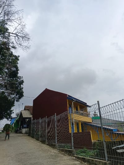 The image depicts a street scene in Kabiufa, Papua New Guinea, under an overcast sky. A paved pathway slopes upwards from the foreground, leading towards several buildings. On the left side of the path, a large tree with both dense green foliage and bare branches frames the upper-left quadrant.
In the mid-ground, on the left side of the path, a single individual is observed walking away from the viewer. This person is carrying a large bundle of green foliage or grass balanced on their head/shoulder. They are wearing dark pants and a dark top, with visible footwear that appears to be sandals. Further up the path on the left, several structures are visible, including one with a dark brown gabled roof and another partially obscured blue building. A white motorcycle or scooter is parked near these structures.
On the right side of the path, a metal mesh fence with vertical support posts runs parallel to the path. Behind this fence, a two-story building is prominent. Its side wall, facing the path, is a solid reddish-brown. The front facade, visible further back, is painted yellow with blue trim around its balcony and windows. A blue roofline is also visible. Beyond this building, a structure featuring a green dome, possibly a mosque or religious building, is partially discernible above and to the right. Small green plants are growing along the base of the fence on the right. Utility lines are faintly visible across the scene.