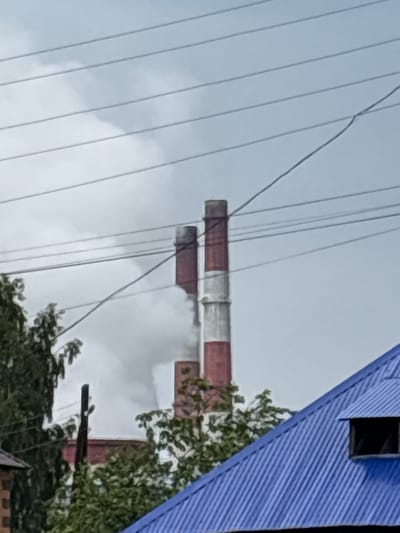 The image shows a view of industrial smokestacks with smoke emitting from them, against a cloudy sky. Multiple power lines are visible crisscrossing the frame. In the foreground, a blue, corrugated metal roof of a building is prominent, with a small, dark-framed window. Trees with green foliage are also present, partially obscuring the view of the smokestacks and some buildings. The scene suggests an industrial area with residential elements in Yayva, Russia.