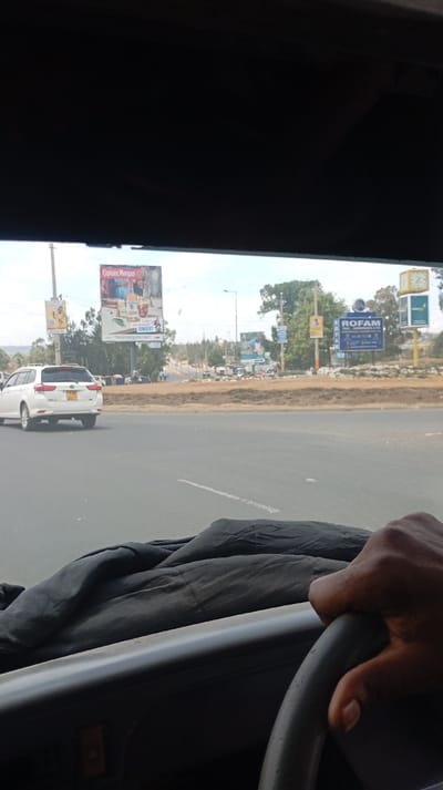 A driver's perspective from inside a vehicle looking out onto a road. A white car is on the road, passing in front of billboards advertising "Captain Morgan" and "ROFAM". The driver's hand rests on a grey steering wheel. A dark cloth-like material is draped over the dashboard. The sky is slightly overcast, with trees and buildings lining the horizon.