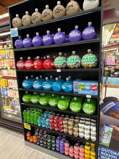 This image captures a brightly lit retail display of alcoholic beverages, likely within a supermarket or liquor store in Glendale Heights, USA. The scene showcases a variety of BuzzBallz brand products, neatly arranged on black shelving units.
The primary subjects are rows of BuzzBallz "BIGGIES" and "BOULDERS" bottled beverages, along with numerous BuzzBallz canned drinks. On the left, several large, spherical bottles of "BuzzBallz BIGGIES" are displayed vertically, appearing in colors such as brown, purple (labeled "GRAPE GONE WILD"), red, blue, and green. Some brown bottles are associated with "Chocolate" or "Vanilla" flavors. In the center, "BuzzBallz BOULDERS" are stacked horizontally, recognizable by their colorful, patterned spherical containers, with visible text indicating "GOAAAAAAL-MELON" flavor and "ALC 15% BY VOL - 3 LITERS." A small multi-pack of BuzzBallz featuring Strawberry, Blueberry, Lemon, and Lime flavors is also present.
To the right, numerous small, spherical BuzzBallz cans are stacked horizontally in various colors, including white, brown, red, blue, green, yellow, pink, and purple, suggesting a wide array of flavors. A yellow price tag reading "4-12.00" is visible beneath some of the canned products. Another digital price tag, "$14.99," is seen near the purple "BIGGIES."
Above the product display, a promotional poster or advertisement features a person wearing a "RECOVERY MODE" hat and holding a "VITA COCO Coconut WATER," with text also visible reading "OUTSMART ROUGH MORNING." Other visible text includes "MONSTER" and "FOSTER'S" on products in the refrigerator unit below the main display. The setting is indoors, and no specific time of day, weather, or human emotions are discernible.