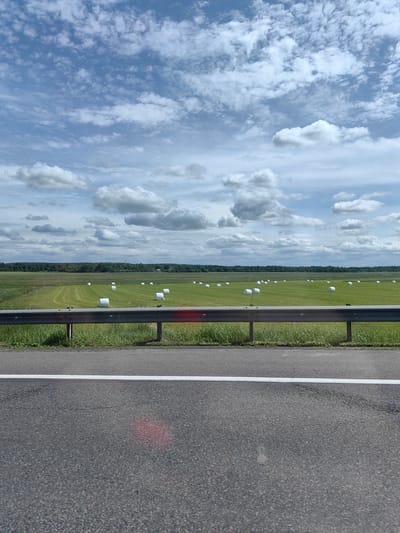 The image depicts a rural landscape observed from the side of an asphalt road in Barauski Selski Saviet, Belarus. The upper portion of the frame is dominated by a light blue sky with widespread, scattered white and grey cumulus clouds. Below the sky, a dark green forest line forms the distant horizon. A faint, slender, chimney-like structure is discernible above the treeline on the far right. The midground features a vast, light green agricultural field, showing patterns consistent with recent machinery use, possibly for haymaking. Approximately two dozen white, plastic-wrapped cylindrical bales, likely hay or silage, are distributed across this field. In the foreground, a metallic, galvanized guardrail with visible posts and bolts runs horizontally across the scene, separating the field from the immediate roadside. Green grass grows between the guardrail and the road. The bottom portion of the image shows a dark grey asphalt road with a single solid white line marking its edge, parallel to the guardrail. A diffused red light reflection or lens flare is visible on the asphalt in the bottom right and a fainter one on the guardrail. No people or animals are present.