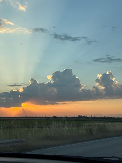 The image captures a sunset scene over a rural landscape, possibly near Skutare, Bulgaria. The sky is a gradient of colors, transitioning from a pale blue at the top to a vibrant orange and yellow near the horizon. Dramatic, billowy clouds are present in the sky, with sunlight piercing through them, creating visible sunbeams.
In the foreground, a dark asphalt road is visible, suggesting it might be a roadside view. Beyond the road, a field of green crops is discernible, bordered by tall, dry grass. In the distance, a line of trees and faint mountains or hills can be seen against the colorful sky. The overall impression is a serene and picturesque natural environment at dusk. There are no people or animals visible in the image.