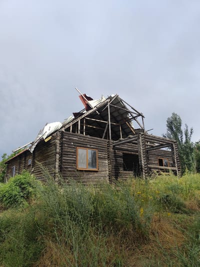 This media file depicts a scene of a dilapidated log cabin in Dolan, Kazakhstan. The cabin, constructed from dark, weathered logs, is in a state of significant disrepair. The roof is largely destroyed, with exposed wooden beams and torn sections of metal sheeting flapping in the wind. Several windows are intact, featuring simple wooden frames, but others are gaping holes. The cabin is situated on a grassy, overgrown hillside, with tall, dry grasses and green brush surrounding its base. In the background, a tall, slender tree stands out against an overcast, pale blue sky. The overall impression is one of abandonment and decay, with nature slowly reclaiming the structure. The time of day appears to be daytime, given the illumination, and the weather is cloudy, contributing to a somber atmosphere. There is no visible text in the image.