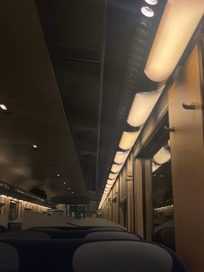 The image displays the interior of a passenger train carriage, likely situated in Fegersheim, France. The perspective is from a low angle, looking down the length of an aisle that appears empty of passengers. The foreground features multiple rows of unoccupied seats, upholstered in dark blue with light gray headrests. The overhead structure includes a central, dark, slightly curved ceiling panel with several small, recessed cool-toned lights visible along its length. To the right, a linear array of approximately 18-20 elongated, rectangular, warm-toned light fixtures runs along an adjacent ceiling panel. Below these lights, the right wall consists of a series of vertical panels and windows that exhibit reflections of the interior lighting. A light-colored handle or hook is present on a wooden-toned panel on the far right. In the distance, overhead luggage racks contain what appear to be dark bags, and indistinct exterior elements, possibly a station platform, are visible through the windows. The overall lighting within the carriage is dim, with prominent artificial illumination from the fixtures.