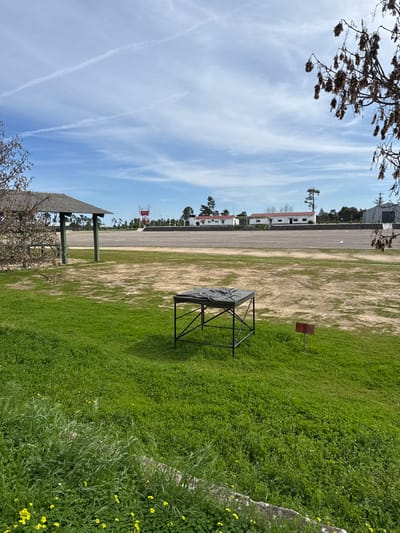 The image displays an outdoor scene at what appears to be a military or training facility in Praia do Ribatejo, Portugal. The foreground consists of a vibrant green grass lawn with scattered patches of small yellow flowers. A dark-colored metal table or stand, approximately waist-high, is centrally positioned on the grass, topped with a dark green, undulating fabric resembling a topographical relief map. To the immediate right of this table is a small, short, reddish-brown wooden marker post. On the far left, a portion of a wooden pergola or shelter with a dark, possibly thatched roof and dark green support columns is visible. A tree branch with dry, brown leaves extends into the frame from the upper right.
The midground is dominated by a large, flat, light brown area, characteristic of a parade ground or training field. In the background, a row of low-rise, white buildings with red-tiled roofs, consistent with barracks or administrative structures, are visible along the far edge of the field. To the left of these buildings, a tall, red and white striped tower stands. Numerous green trees, appearing evergreen, line the perimeter of the field and are interspersed behind the buildings. On the far right background, part of a large, grey, industrial-style building or hangar is present. The sky above is blue with scattered white clouds and several distinct white contrails. No individuals are visible in the scene.