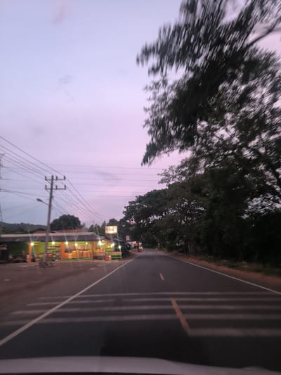 The image captures a twilight scene from the perspective of a moving vehicle on a paved road, likely in Sukamulia, Indonesia. The sky above is a soft gradient of purple and pink, suggesting either dawn or dusk.

On the left side of the road, power lines and utility poles run parallel to the path. Beneath them, a brightly lit roadside market stall or shop stands out with vibrant green walls. Numerous bare bulbs or string lights illuminate the display of various packaged goods, possibly snacks or other local produce, arranged on tables. Above this market, a white sign with faintly discernible text reads "XI BERKAH," indicating the name of the establishment. Further down the road on this side, more trees and structures are visible.

The right side of the road is lined with dense foliage and tall trees, which appear significantly motion-blurred, emphasizing the movement of the vehicle from which the photo was taken.

The road itself has clear markings: a solid white line borders the right edge, and a broken yellow line runs down the center, transitioning into a section with multiple white horizontal stripes, possibly indicating a crosswalk or rumble strips. The immediate foreground shows the dashboard or hood of the vehicle.

The overall atmosphere is one of serene travel at the transition between day and night, with the artificial lights of the market providing a warm contrast to the cooling twilight sky. No specific people are clearly visible, but the market implies human activity.