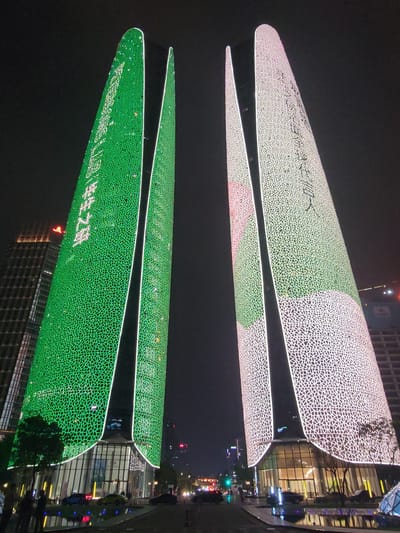The image shows two illuminated skyscrapers in Wuhou District, China, at night. The left skyscraper is predominantly green with white Chinese characters displayed on its facade. The right skyscraper is illuminated in white and pink, also featuring a patterned design. The buildings are tall and have a distinctive curved shape. At the base of the buildings, there is a pedestrian area with a few cars parked and some people walking. Reflections of the lights are visible on a wet surface in the foreground, likely a reflection pool or wet pavement. In the background, other city buildings and streetlights can be seen.
