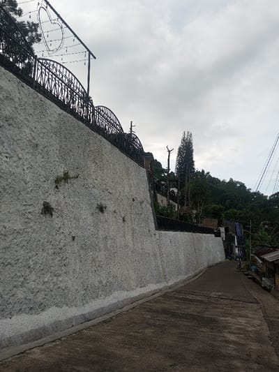 A high, textured concrete wall, topped with decorative black wrought iron fencing, dominates the left side of the frame. The wall lines a narrow asphalt road that curves upward. Lush green trees and vegetation cover the hillside in the background. Several houses and structures are visible amidst the trees, suggesting a residential area built on a slope. The sky is overcast, casting a soft, diffused light over the scene.
