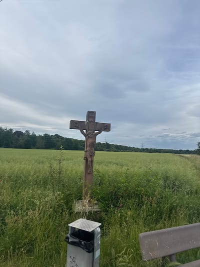 The image shows a rural landscape with a crucifix in the foreground. The crucifix is made of weathered stone or metal and depicts Jesus Christ. It is positioned in a field of tall green grass. In the background, a line of trees borders the field, with a cloudy sky above. A bench and a trash receptacle are also visible. The location is Unknown, Germany.