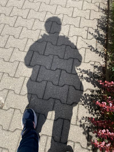 A shadow of a person is cast on a textured cobblestone pathway in Osek, Czechia. The shadow shows the outline of a head and torso, suggesting the person is standing and facing away from the camera. In the foreground, a person's left leg, clad in dark blue jeans and a dark blue athletic shoe with pink accents, is visible. To the right of the path, there is a strip of grass and a bush with vibrant red leaves. Sunlight is casting sharp shadows, indicating a clear, sunny day.