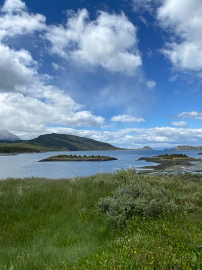 A scenic view features a blue sky filled with fluffy white clouds. Mountains cascade down to a calm body of water dotted with small, tree-covered islands. The foreground is dominated by lush green grasses and bushes. The sky is bright, suggesting a sunny day.