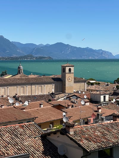 This is a photograph taken from a high vantage point overlooking the city of Desenzano del Garda, Italy. The image showcases a dense urban landscape with terracotta-tiled rooftops dominating the foreground. Among the rooftops, a prominent church with a dome and a bell tower, featuring a clock face with Roman numerals, stands out. Several satellite dishes and antennas are visible on various rooftops.

In the background, a vast body of turquoise water, identified as Lake Garda, stretches across the frame. The lake is choppy with visible ripples, suggesting a breezy day. Beyond the lake, a range of blue-hued mountains forms the horizon, their peaks softened by distance. The sky is a clear, bright blue, with a single seagull in flight. The overall scene depicts a sunny day in a Mediterranean coastal town.