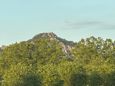 The image shows a rocky mountain peak with some vegetation on its slopes, seen through a foreground of lush green trees. The sky is a pale blue with a few wispy clouds. A cross-like structure is visible at the very top of the mountain. The scene appears to be outdoors, likely in a natural setting.