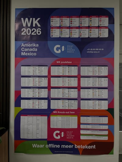 The image displays a large poster for the WK 2026 football tournament, which will be held in America, Canada, and Mexico. The poster is predominantly dark blue with white text and graphics. It features the tournament title "WK 2026" in large white lettering. Below this, it lists the host countries as "Amerika Canada Mexico". The poster is divided into sections detailing the different groups (Poules A through L) with participating countries and their flags. It also includes match schedules for the group stage ("WK poulefase") and the knockout stage ("WK Knock-out fase"), as well as schedules for the quarter-finals, semi-finals, third-place playoff, and the final. The bottom of the poster has a tagline in Dutch that translates to "Where offline means more". A logo for "PRINT SIGN PROMO MEDIA" is visible on the lower right side, along with a phone number and email address for the company. The poster is mounted on a light-colored wall, with vertical wooden slats visible on the left side, suggesting it is displayed indoors. The lighting appears to be artificial. The photograph is taken from a slightly angled perspective. There are no people visible in the image. The poster itself appears to be in good condition. The location is Oldenzaal, Netherlands, as indicated by the context of the request, although this information is not visually evident in the image itself.