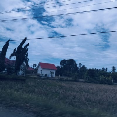 The image captures a rural or semi-rural landscape, likely viewed from a moving vehicle, evidenced by the slight motion blur in the foreground. The sky, which occupies the upper half of the frame, is overcast with scattered clouds in varying shades of blue and grey. Multiple dark utility wires stretch horizontally across the upper portion of the sky.
In the mid-ground, a field of dry, light brown and green vegetation dominates, suggesting an agricultural area or unused land. Along the middle distance, several elements of a residential area are visible. On the left, tall, dark, slender trees, possibly cypress, partially obscure a white house with a red roof. To the right, a distinct white house with a prominent red tiled roof stands out against the green backdrop of trees. This house features multiple windows and a simple, functional design.
Behind the houses and extending across the right side of the frame, a dense cluster of lush green trees, including several tall palm trees, indicates a tropical environment. A low fence line or a series of posts runs horizontally, separating the field from the residential plots and wooded areas. The overall lighting is soft and diffused, consistent with an overcast day. No discernible text is present in the image. The scene depicts a quiet, tropical setting, aligning with the provided location context of Padangkasab, Indonesia.