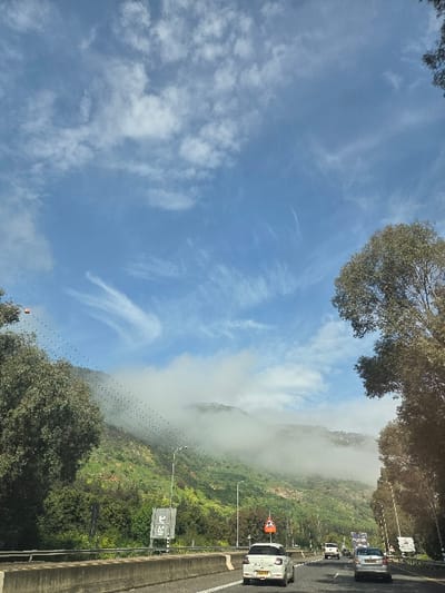 An outdoor, eye-level photograph captures a multi-lane highway winding through a mountainous and verdant landscape within the Galil Elyon Regional Council, Israel, under a partly cloudy sky. The sky features a mix of scattered white cumulus and wispy cirrus clouds against a clear blue background.
In the immediate foreground, the concrete barrier of the highway's median is visible. Several vehicles are traveling away from the viewer on the paved asphalt lanes. The most prominent vehicle is a white Citroën C3 Aircross positioned in the rightmost visible lane, displaying an Israeli license plate. Further ahead, a silver sedan and a white pickup truck are discernible on the road.
To the left of the highway, lush green trees and dense vegetation cover the slopes of a prominent mountain. The upper half of this mountain, along with distant peaks, is enveloped in a thick layer of white mist or low-lying clouds. Utility lines, possibly power or communication cables, are strung diagonally across the mid-left portion of the image, ascending towards the mountain, with several red-orange spherical markers attached. A streetlamp and a road sign, partially obscured, are also visible on the left side of the road.
To the right of the highway, tall, leafy green trees line the roadside, obscuring the view beyond. Another streetlamp is visible among the trees on this side. No individuals are clearly identifiable.