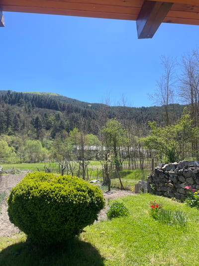 The scene shows an outdoor area on a sunny day, likely a yard or garden adjacent to a mountain landscape. A building's wooden structure is visible on the left side of the image, suggesting this is taken from the side of a house or similar structure. The yard features grass, a stone wall with some red flowers growing near it, and a well-manicured green bush. In the distance, a forest-covered mountain rises against a clear blue sky. A row of trees separates the yard from a field or meadow. Given the specification, this scene is likely in the vicinity of Laki, Bulgaria. No people are visible in the frame.