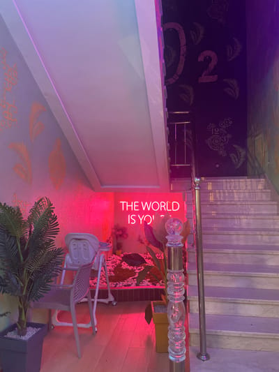 This image captures an indoor stairwell and an adjacent lounge or decorative area within a building in Lkheng, Morocco. The scene is characterized by distinct pink and purple lighting.

On the left side of the frame, a light-colored wall is decorated with orange, stylized leaf patterns. Below this, a section of light-toned wooden flooring holds a large potted artificial palm plant in a square grey planter with white pebbles. Adjacent to the plant are a light grey baby high chair with a white tray and a modern light grey plastic chair with a perforated back and seat. Behind these chairs, a small recessed garden area features green artificial turf or moss, surrounded by white decorative pebbles, and contains several smaller green plants. A bright pink neon sign is mounted on the wall, displaying the text "THE WORLD IS YOU[RS]".

On the right, a marble staircase with white steps and risers ascends upwards. A polished metal handrail with a clear, ornate glass newel post, featuring internal decorative elements, is positioned at the base of the stairs. The wall alongside the staircase is dark-colored, adorned with lighter stenciled patterns, including a prominent "02" and smaller circular and leaf motifs. Further up the stairs, a simpler metal railing is visible.

No individuals are present in the scene, and no actions or interactions are depicted.
