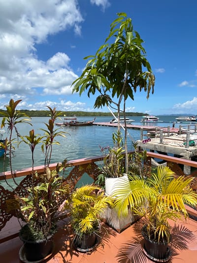 The image depicts a scene at a waterfront location, likely in Tambon Ko Panyi, Thailand, given the presence of a longtail boat and multiple speedboats moored at floating docks. The foreground features a tiled deck with several potted plants, including a tall mango tree, a bushy yellow-leafed palm, and other tropical foliage. A decorative wooden railing with intricate carvings separates the deck from the water.

In the middle ground, the calm, greenish-blue water is dotted with various boats. One traditional longtail boat, painted with a yellow flag, is tied to a pink floating dock. Further out, several white speedboats with colorful accents are also docked or moving on the water. The background consists of a lush, green coastline with a line of trees and distant hills under a bright blue sky filled with white, puffy clouds. The overall atmosphere is serene and tropical.