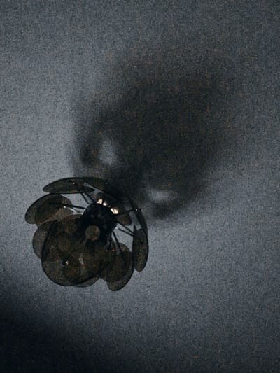 A low-angle shot captures a ceiling fan with a darkened, textured surface. The fan, composed of multiple overlapping circular blades with a metallic sheen, is positioned in the lower left quadrant of the frame. A prominent shadow, cast by the fan and its structure, stretches across the upper portion of the image. The background is a uniform dark gray, speckled with visible noise or grain, suggesting a low-light environment or a stylistic choice in the photograph's processing. There is no indication of specific location, people, or actions within the scene. The fan's design is abstract, with the blades appearing to be thin and perhaps translucent or perforated.