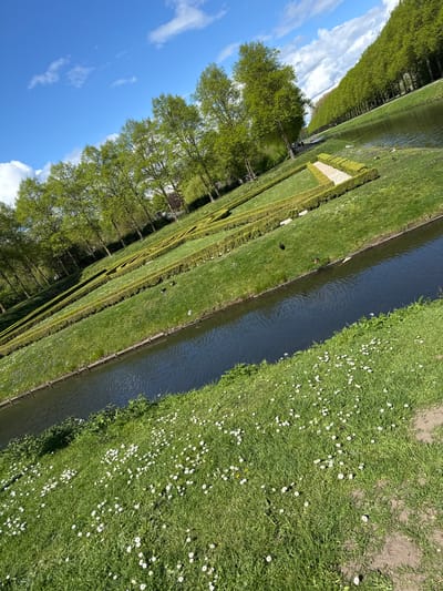 The image captures a section of a formal garden, possibly in Cleves, Germany, given the likely origin of the image. A narrow canal runs down the center of the scene, bordered on one side by a green lawn with scattered white daisies. On the opposite side of the canal, a meticulously maintained garden features rows of trees, clipped hedges, and geometric designs. The sky is partially visible, showing a clear blue with scattered white clouds. The scene appears static, capturing a tranquil garden setting.