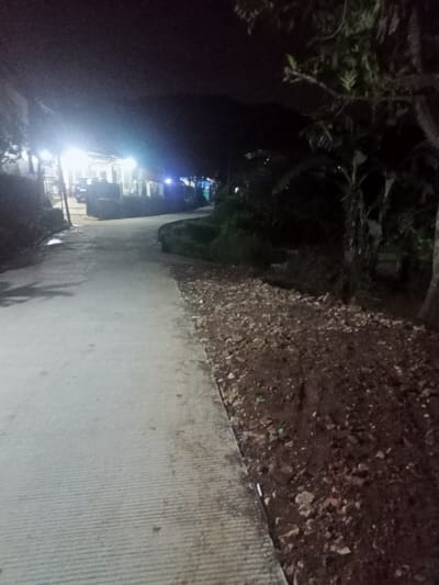 The image depicts a nighttime scene along a concrete pathway, likely in a rural or semi-rural setting within Kecamatan Pangalengan, Indonesia. The pathway, which runs from the bottom center of the frame and curves slightly to the left in the midground, has distinctive horizontal grooves.
On the left side of the path, several structures are visible, brightly lit by white and blue artificial lights. These lights illuminate the immediate vicinity of the buildings and cast a glow onto the adjacent part of the pathway. A dark vehicle can be faintly seen parked near one of the brightly lit structures.
To the right of the pathway, the ground is unpaved, consisting of reddish-brown soil mixed with numerous small stones and debris. Beyond this rough terrain, dense vegetation and trees, including what appears to be a banana tree, are silhouetted against the dark night sky. Their forms are largely indistinct due to the absence of direct light.
In the far background, the faint outlines of dark hills or mountains are visible under the black sky. The scene is devoid of people and shows no active event, presenting a quiet, static view of an illuminated section of a path surrounded by natural elements and distant buildings at night. There is no visible text in the image.