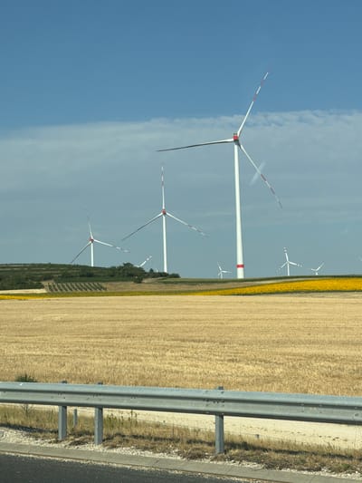 The image depicts a landscape scene with several wind turbines positioned in a field. The foreground features a road barrier and a field of dry, harvested crops, possibly wheat or barley. Beyond this field, there is a strip of yellow flowers, likely sunflowers, followed by a gently sloping hillside with green vegetation and more wind turbines. In the background, the sky is a clear blue with scattered clouds. The wind turbines are tall, white structures with red and white accents on their blades. One turbine is prominently featured in the center-right of the image, with its blades blurred by motion, indicating it is operating. The scene is a panoramic view of a rural area in or around Wilfersdorf, Austria, characterized by agricultural land and renewable energy infrastructure. There are no people or animals visible in the image.
