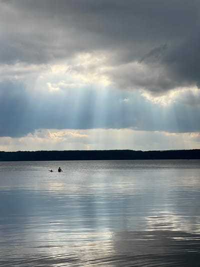 The image shows a serene, wide view of a body of water, possibly a lake or calm sea, with a dense, dark tree line forming a stark horizontal division between the water and the sky. The sky is dramatic, with heavy, dark clouds on the left side, but shafts of sunlight pierce through them, creating luminous rays that illuminate the water's surface. On the right side of the frame, the water is bright and reflective, with ripples distorting the light.

Two small figures are visible in the water. One, closer to the shore, appears to be a person wading or swimming, with their silhouette dark against the bright water. Further out, a second, smaller silhouette might be a bird or another person, its form less distinct. The overall mood is one of peaceful contemplation, with the natural elements of sky and water dominating the scene. The light suggests it could be late afternoon or early morning, with dramatic weather unfolding. There is no visible text in the image. The location context of Vaskelovo, Russia, suggests a natural, potentially remote setting.