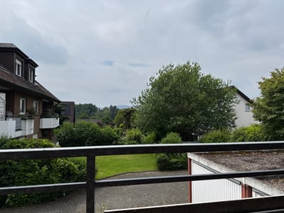This image depicts a view from a balcony or similar elevated vantage point, looking out over a residential area. The foreground features a dark metal railing with horizontal bars. Beyond the railing, there is a paved area made of interlocking gray stones, possibly a driveway or walkway. Adjacent to this is a well-maintained green lawn.
To the left, a multi-story brick building with balconies and dark-tiled mansard roofs is visible. The balconies have white railings and some greenery. In the middle ground, a large, lush green tree dominates the scene, its dense foliage reaching upwards. Behind the tree and to the right, a white building with a sloped roof can be seen, partially obscured by trees. A single-story white structure with a red trim and a flat, gravel-covered roof is positioned in the lower right portion of the frame.
The background consists of a dense line of trees and vegetation, suggesting a suburban or semi-rural setting within the city of Detmold, Germany. The sky is overcast with gray clouds, indicating a cloudy day. The overall impression is one of a quiet, residential neighborhood with abundant greenery. There are no people or animals visible in the image.