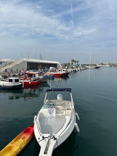 The image presents a daylight scene within a marina in L'estartit, Spain, under a sky with scattered white clouds and a single faint contrail. In the immediate foreground, the bow of a white recreational motorboat occupies the lower portion of the frame. This vessel features a dark blue bimini top, white upholstered seating, and a white outboard motor mounted at the stern. A white rectangular sign, bearing black text, is affixed to the boat's console, advertising "LLANXA EN LLOGUER / TO RENT / A LOUER" with specific rental prices (250€ for 4 hours, 350€ for 8 hours), a 6-person capacity, 150cc engine, a website (www.labarcadelis.com), and a contact phone number (+34 639 360 655). Multiple white cylindrical fenders are secured along the starboard side of this motorboat. A yellow and orange recreational kayak is tethered alongside the port bow of the white motorboat.

In the midground, a collection of various boats is docked in calm, light blue-green water. This array includes smaller fishing vessels, predominantly red and white, interspersed with larger white sailboats featuring tall masts. These boats are moored linearly along a visible pier, which extends from the left toward the center-right of the image. Reflections of the boats and the sky are discernible on the water's surface.

The background on the left is dominated by a modern, multi-story white building, characterized by large glass panels and an external concrete staircase. Further to the right, a line of palm trees is visible along the waterfront, with additional urban structures receding into the distance. No individuals are visible within the depicted scene.