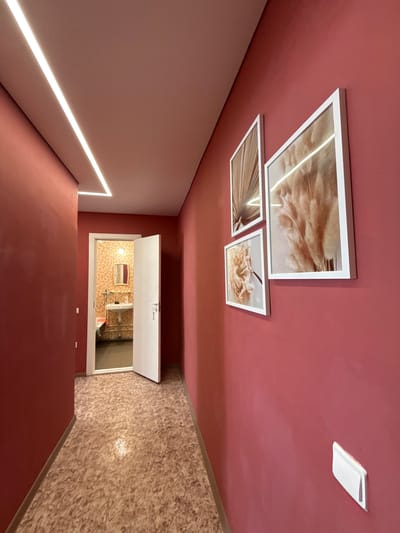 The image shows a hallway with red walls. There is a door open to a bathroom on the left. On the right wall, there are three framed pictures of dried flowers and plants. A linear light fixture is installed on the ceiling, creating an illuminated line that runs along the length of the hallway. The floor is covered with a speckled, light-brown linoleum. The overall scene is tidy and well-lit, suggesting an indoor residential or hospitality setting. The location is Valday, Russia.
