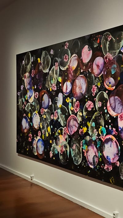 This image captures an abstract artwork, likely a resin or acrylic pour, mounted indoors. The artwork features a vibrant array of interconnected, irregular, and often translucent shapes resembling bubbles or cellular structures, set against a dark, possibly black, background. Within these organic forms, colors such as various shades of pink, purple, blue, teal, yellow, and white blend and swirl, creating a dynamic, fluid appearance. Smaller, speckled clusters of pink/red and yellow/green hues are dispersed across the dark background, adding further detail and contrast.
The artwork has a glossy finish, reflecting light and enhancing its perceived depth and texture. It is presented at an upward, diagonal angle, suggesting it might be mounted on a high wall or ceiling. To the left and right of the artwork, white or light grey wall surfaces are visible, with a wooden-colored surface appearing on the far right, possibly a door or another wall panel. A small white clip or fixture is noticeable on the white trim along the right edge of the artwork, reinforcing the indoor setting. There are no people or discernible activities depicted. No visible text is present within the image. The photo was taken in San Cristóbal De La Laguna, Spain.