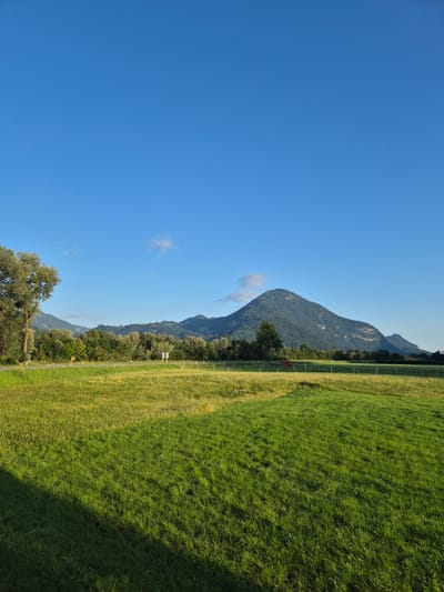 The image shows a landscape scene under a clear blue sky with a few wispy clouds. In the foreground, a vast, green meadow stretches across the frame, with a dark shadow cast by an unseen object on the left. A thin fence runs across the middle ground, bordering a slightly more overgrown section of grass. Beyond the meadow, a line of trees forms a dense treeline, with a road running through it. Further in the distance, a large, tree-covered mountain dominates the horizon, its slopes catching the sunlight. The overall impression is of a serene rural landscape, likely in the vicinity of Niederndorf, Austria, given the characteristic mountain scenery.