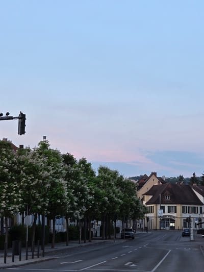The image depicts a street scene at dusk in Ansbach, Germany, specifically on Johann-Sebastian-Bach-Platz. A traffic light stands prominently on the left side of the frame, over a row of trees with white blossoms. The street is lined with buildings, one of which has the sign "GERBERT PFEUFFER" above its entrance. Two cars are parked on the right side of the street, and one is parked on the left. The sky is a soft gradient of blue and pink, indicating the end of the day. The overall impression is one of a quiet, orderly urban environment.