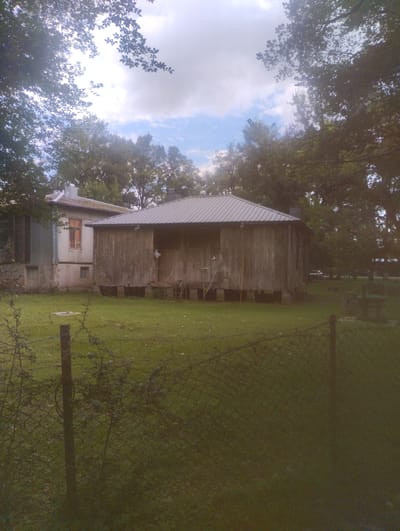 The image captures a pastoral scene in Bandza, Georgia, featuring two rustic buildings nestled amidst lush greenery and under a partly cloudy sky. The foreground is dominated by a chain-link fence with barbed wire, its posts weathered and leaning. Beyond the fence, a well-maintained grassy yard stretches towards the structures.
The building on the right is a wooden house with a corrugated metal roof, elevated on stilts. Its walls are clad in vertical wooden planks, giving it a weathered appearance. A simple porch with stairs leads to the entrance. The building on the left appears to be a more traditional dwelling, with a stuccoed lower level and a lighter-colored upper story featuring a prominent window with an orange frame. The roofline of this building is also visible, with what appears to be a chimney.
Surrounding the buildings is a dense canopy of trees, their branches reaching towards the sky. The overall impression is one of rural tranquility, with the structures blending harmoniously with the natural landscape. No people are visible in the image, and the scene is static, suggesting a moment captured in time.