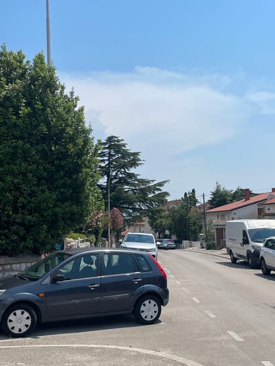 This is a medium-shot, outdoor photograph taken on a sunny day with a clear blue sky and scattered white clouds. The image is oriented vertically, with the scene appearing sideways.
The foreground features a dark gray car parked on the right side of a paved road. The car is facing away from the viewer, with its rear wheel clearly visible. Behind the car, to the left, is a dense green bush. Further back, tall, slender evergreen trees dominate the midground, with some flowering pink bushes interspersed among them.
In the background, residential buildings with red-tiled roofs are visible. A white van is parked on the left side of the road, further up from the gray car. The road has painted white lines indicating parking spaces.
The scene appears to be a residential street in Crikvenica, Croatia, during daylight hours. The weather is fair, indicating a pleasant day. No people are visible in the image. There is no visible text.